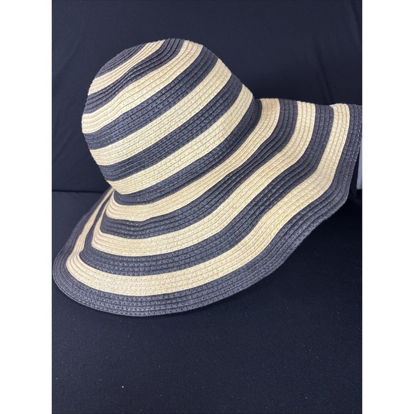 J. Crew Women's Floppy Brim Sun Hat – Tan & Black Woven Summer Beach Hat - Picture 2 of 5